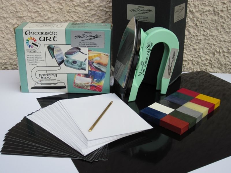 Phil Madley starter kit contains an encaustic iron, 12 coloured waxes, white & black card,  scriber