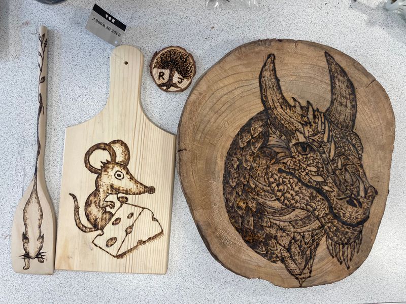 Pyrography wood burning Coaster Cutting Cheese Board Centerpiece Gift Bird