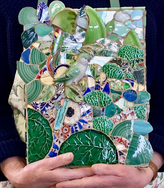 Kate's Parrots - a mixed media mosaic created using vintage china and various mixed media materials.
