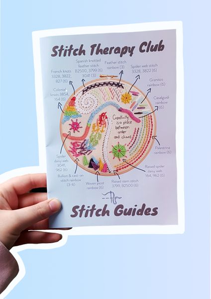 Cover of the stitch guide booklet detailing which stitch to use where, which colour, and the number of strands you need