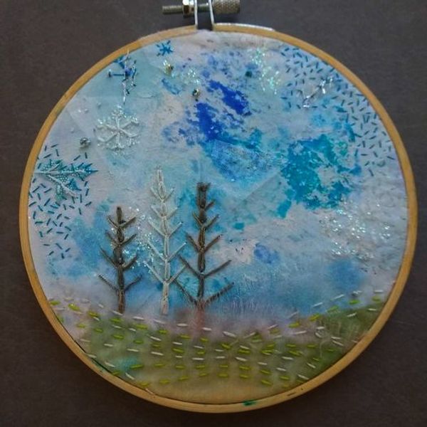 Winter Wonderland Stitch along framed in the embroidery hoop