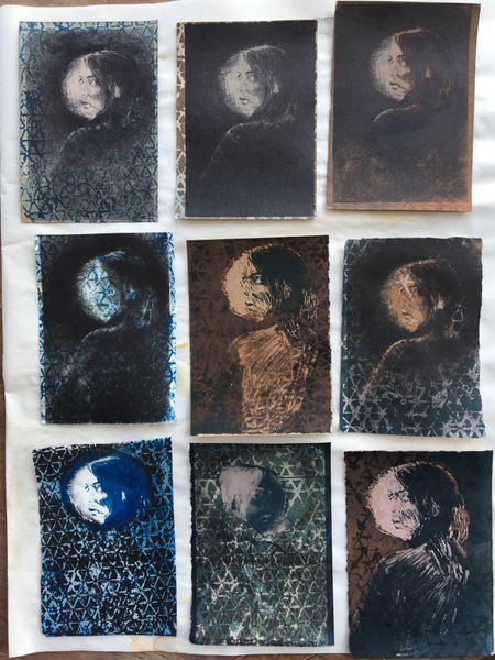 Cyanotypes with a range of modifications including bleach, toning, double exposure, multiples layers, and with monotype and drypoint.