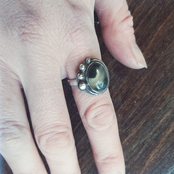 Students work, made a beautiful moss agate ring with a brass accent