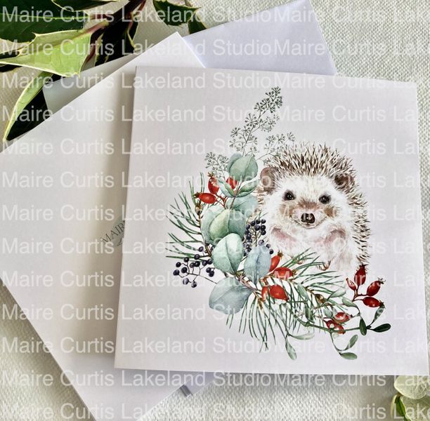 Cute festive Hedgehog and foliage watercolour design