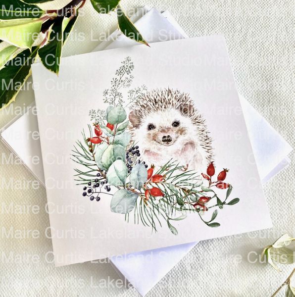 watercolour-cute-festive-hedgehog-print-cards-uk-postage-only