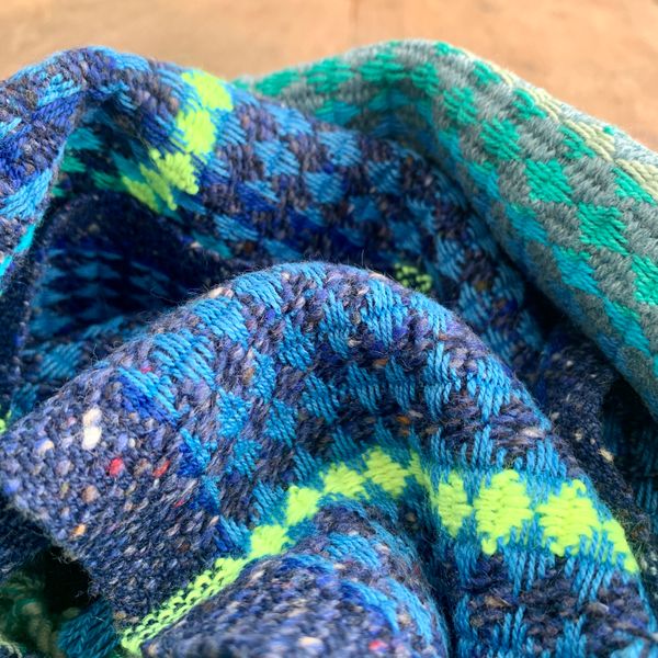 Hand woven scarf, close up.