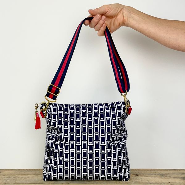 Weekend bag made from a vintage kimono with red tassel