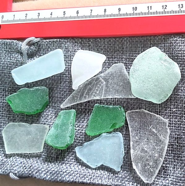 ECO SEA GLASS PIECES VARIOUS  RULER IN PHOTOS GIVES AN IDEA OF THE SIZE OF THE SEA GLASS