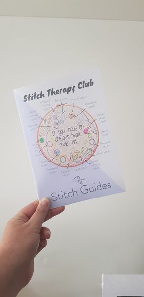 Stitch guide with instructions for each stitch, which colour thread to use and how many strands