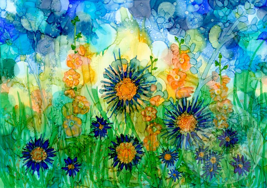 Hollyhocks & Blue by Millie Moth