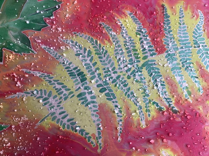 Ferns painted and first background dye salted.
