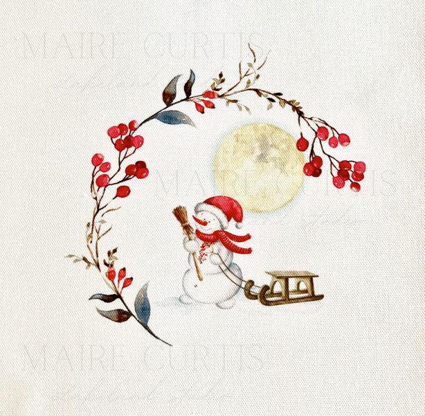 Winter wreath and snowman embroidery panel from Maire Curtis Lakeland Studio