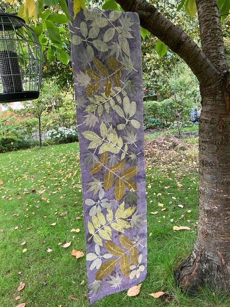 Kimono silk scarf dyed with cochineal and logwood, printed with walnut, wisteria, japanese acer and chocolate vine