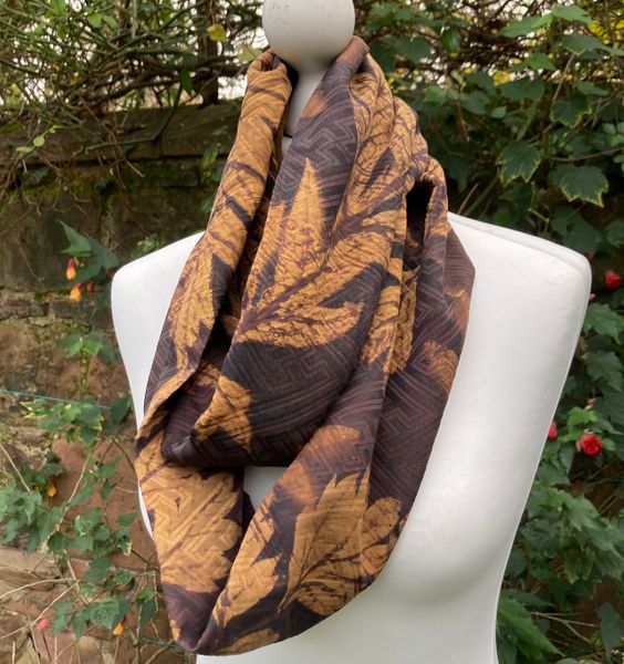 Kimono silk infinity scarf dyed with dogwood and iron and discharge printed with tree paeony