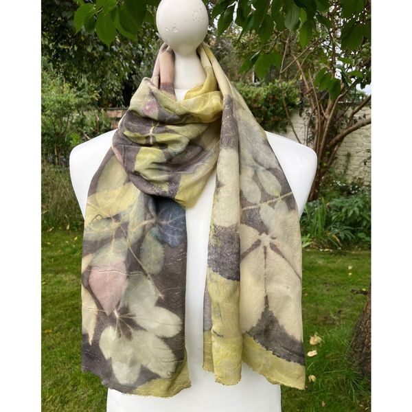 Peace silk scarf dyed with weld and logwood, printed with various leaves
