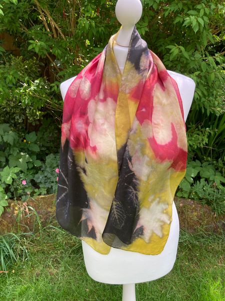 Silk scarf dyed with weld, cochineal and logwood, printed with various leaves