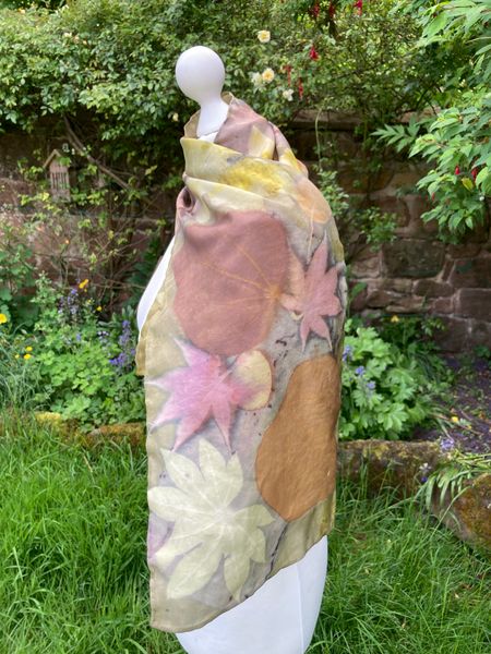 Peace silk scarf dyed with weld and iron and printed with catalpa, japanese  acer, castor oil and cotinus leaves