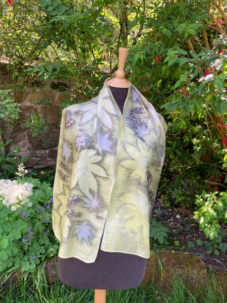 Peace silk scarf dyed with weld and iron, printed with castor oil plant and japanese acer leaves and seeds