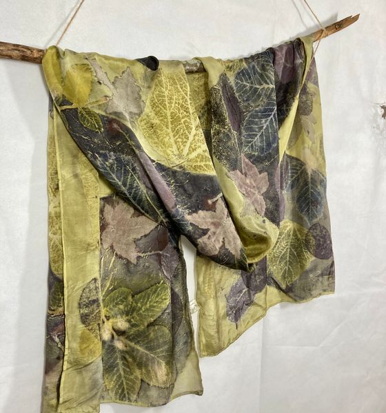 Crepe de Chine silk shawl dyed with well, logwood and iron, printed with various leaves