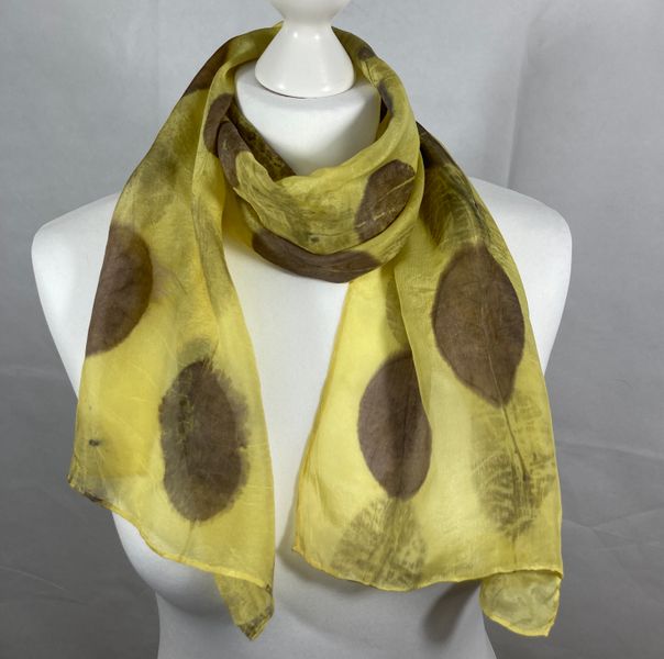 Crepe de Chine 5 silk scarf dyed with weld and printed with cotinus
