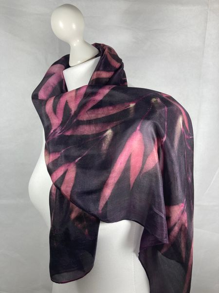 Fine silk scarf dyed with cochineal and iron, printed with bamboo leaves