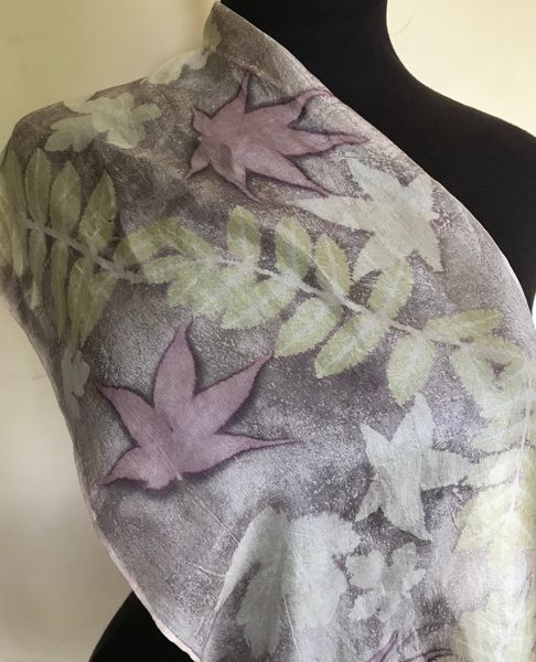 Silk Crepe de Chine 5 scarf dyed with blackberry foliage tannin and iron, printed with rowan, japanese acer and liquid ambar