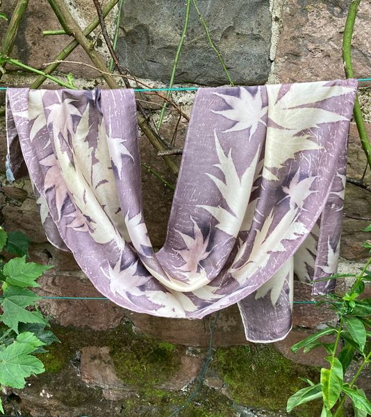 Crepe de Chine 10 silk scarf dyed with oak gall tannin and iron, printed with tree peony and japanese acer