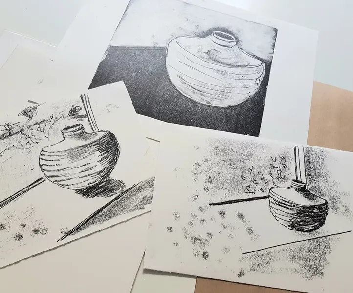 Ceramic vase prints using monotype and transfer monoprint techniques