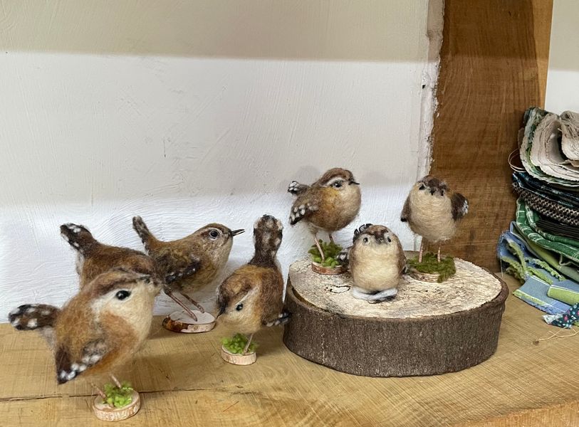 Needle felted Wrens just emerging from the workshop, The Oast Studio, Hartfield