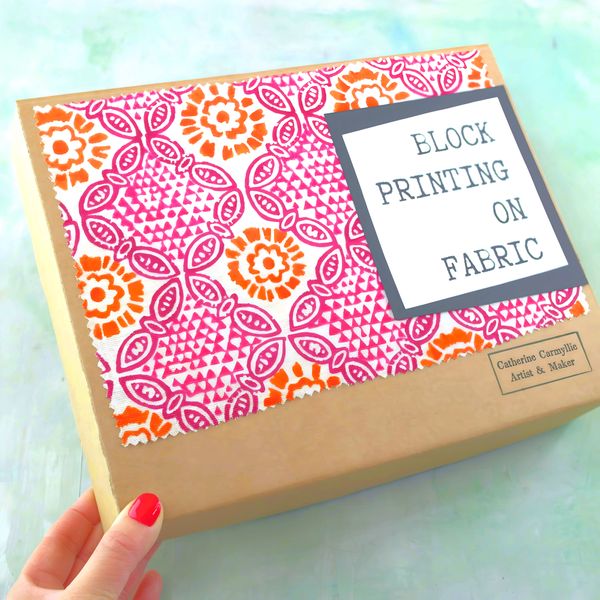 block printing onto fabric box with fabric label makes a great gift