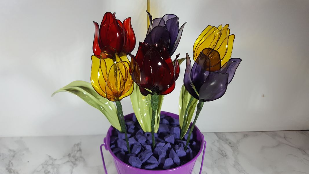 Spring tulips.  Ruby Red, Golden Yellow and Violet.