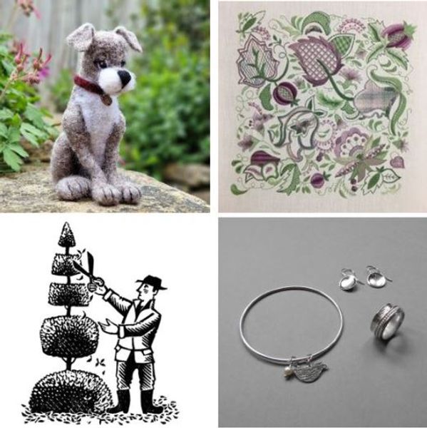 Clockwise, Felted dog by Michelle Hickman, Embroidery Sample by Angie Burt, Silver Jewellery by Rebecca Halstead, Lino-Print by Clare Melinsky