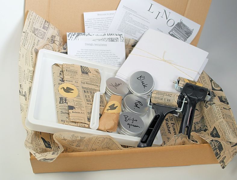 Contents of Lino Cut & Print PLUS kit - all gift wrapped