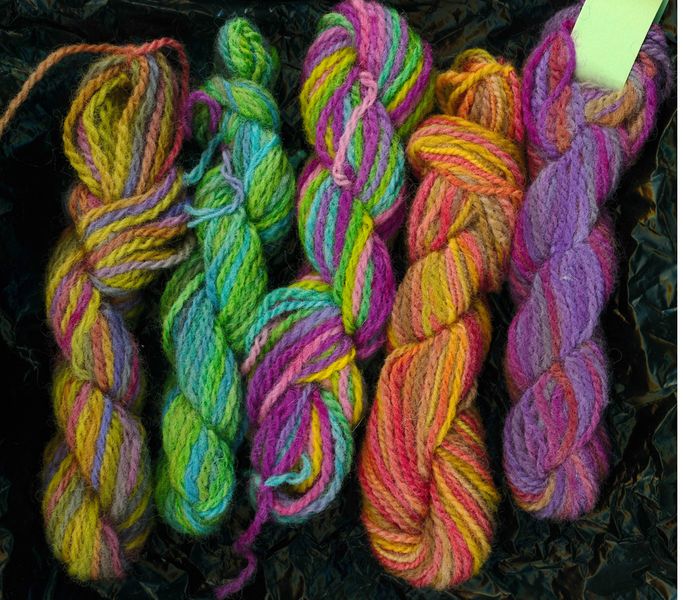 Various skeins of dyed wool