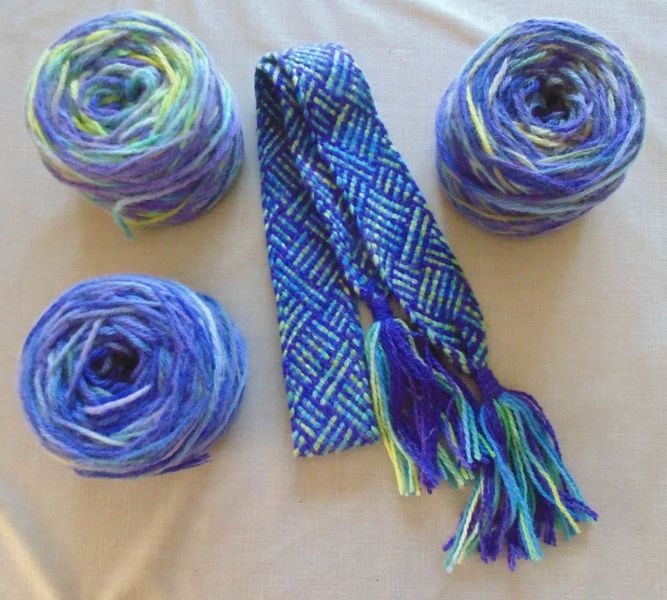 Dyed yarn wound into balls plus woven braid