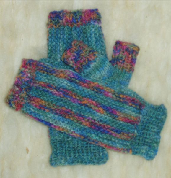 Mittens knitted with 2 colours of dyed yarn