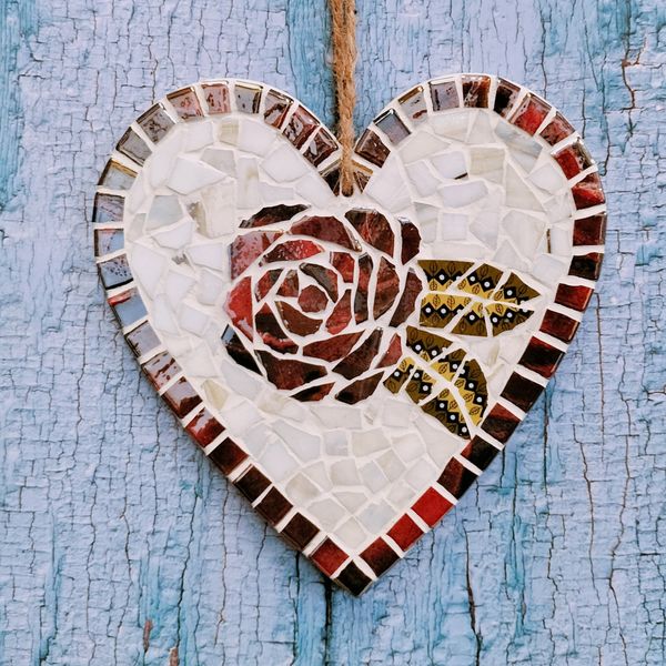 Finished mosaic heart example made with glass tiles