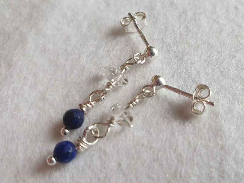  925 Post &amp; Scroll Earrings ~ Lapis Lazuli &amp; Herkimer Diamonds ♥