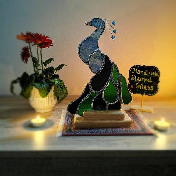 Majestic Stained Glass Peacock mounted on wooden stand with candle holder