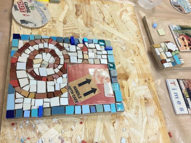 Combining hand-made collaged tiles with other mosaic materials