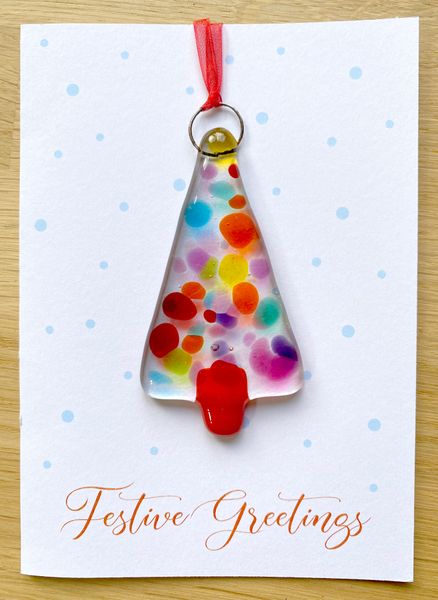 Multi-coloured Christmas tree hanging decoration that can be used on a Christmas card (provided).