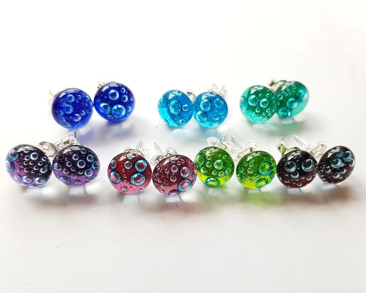 Cobalt, turquoise, emerald, purple, cherry, lime, red bubbles glass stud earrings
