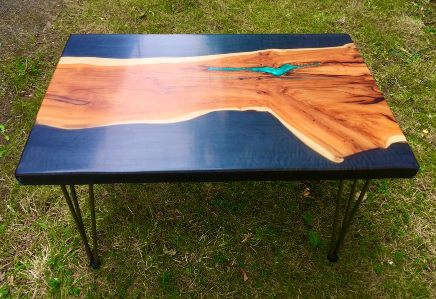 Yew slab, set in Graphite Epoxy Resin with Emerald Green Inlay