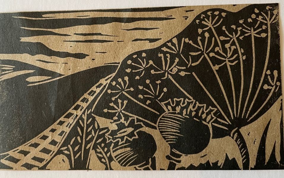 Lino cut, seedhead in landscape.