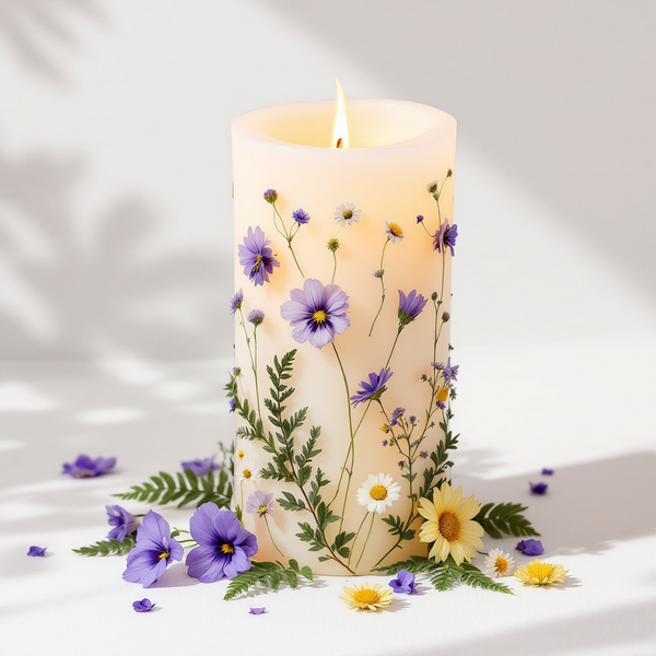 Flower pressed pillar candle 