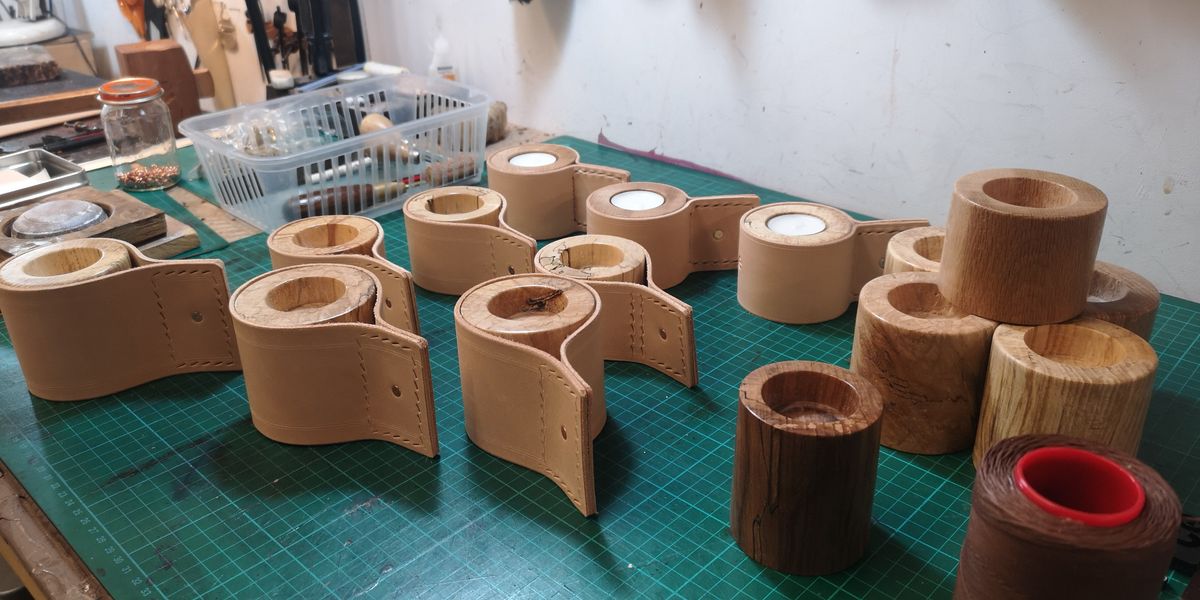 Large Cannwyll Leather Candle Holders under construction