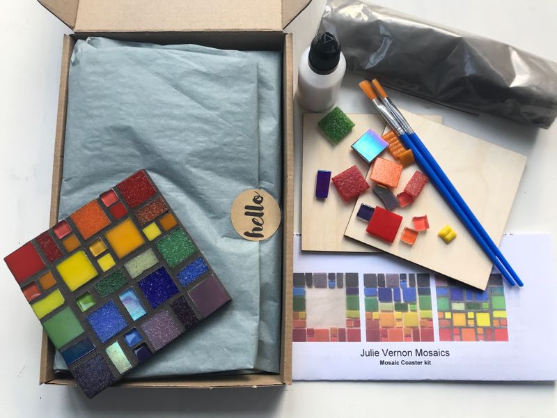Rainbow mosaic coaster kit contents