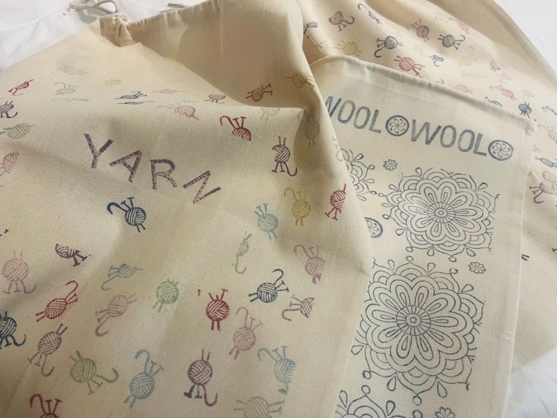 Examples of printed draw string bags for wool and knitting projects.