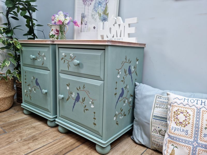 Chinoiserie Pine Bedside Cabinets in Annie Sloan Duck Egg Blue