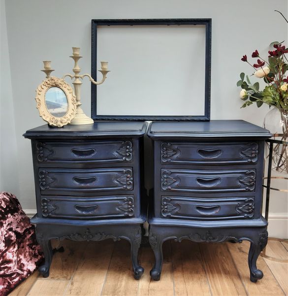 Rococo Bedside Cabinets in Annie Sloan Oxford Navy with black wax